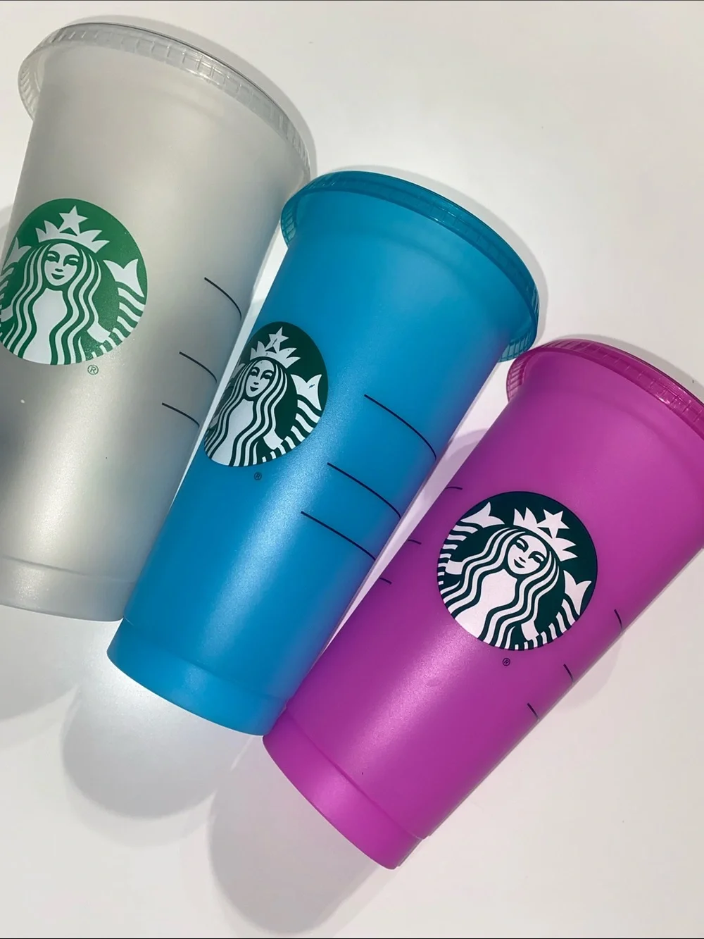 Starbucks Reusable Cups — Blue, Pinkish Purple, and Frosted White Trio